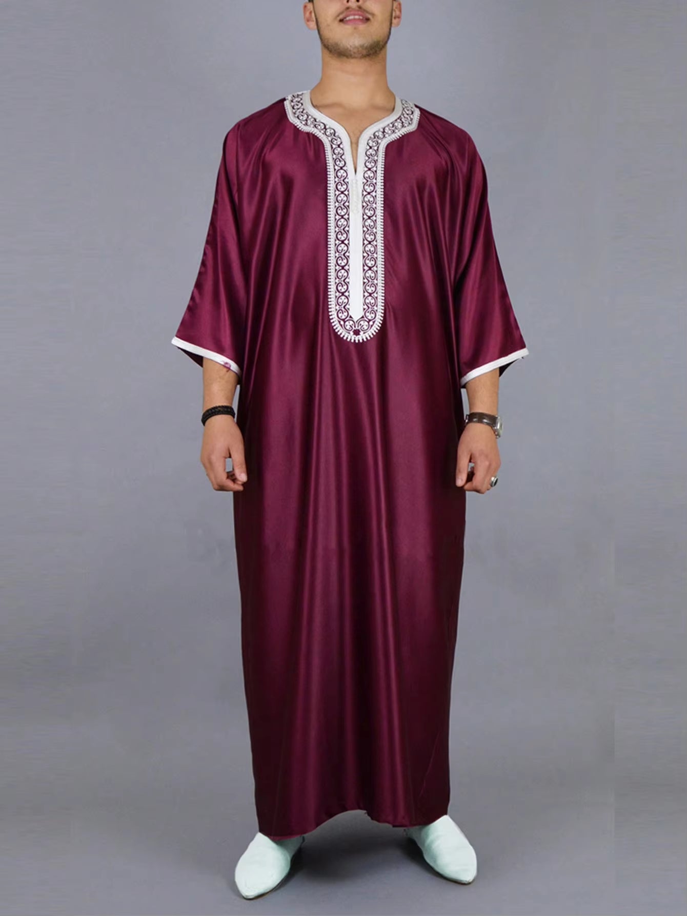 Bordeaux and white Embroidered Gandoura ✦ S-XXL